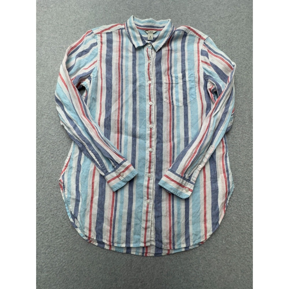 LL Bean Linen Shirt Mens Medium White‎ Striped Outdoors Coastal Beach Preppy